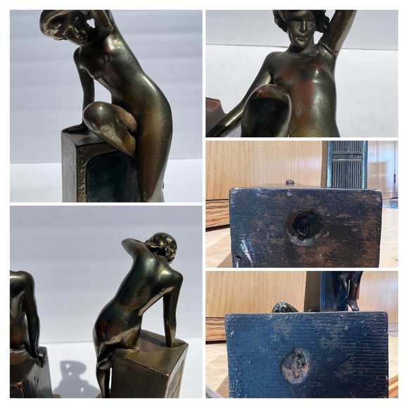 Bronze Bookends Nude Man Woman Art Nouveau Sculpture Circa 1916 “Classic Art” - Picture 10 of 16